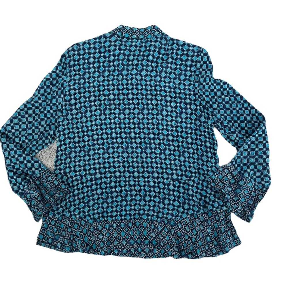 💎 Habitat Blue Geometric Print Blouse Artsy Flounce Sleeve M 💎 - Picture 3 of 6